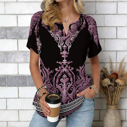Women Print Notched V Neck Short Sleeve Casual Loose Tunic Tops