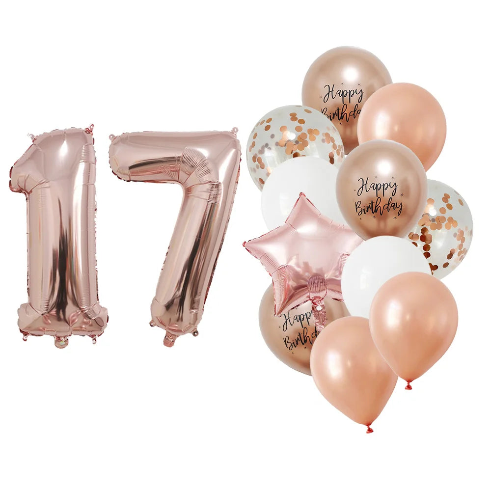 13 Pcs Rose Gold Mixed Balloons 32 Inch Foil Number Ball 10 11 12 13 14 15 Years Old Girls Birthday Party Decorations Supplies