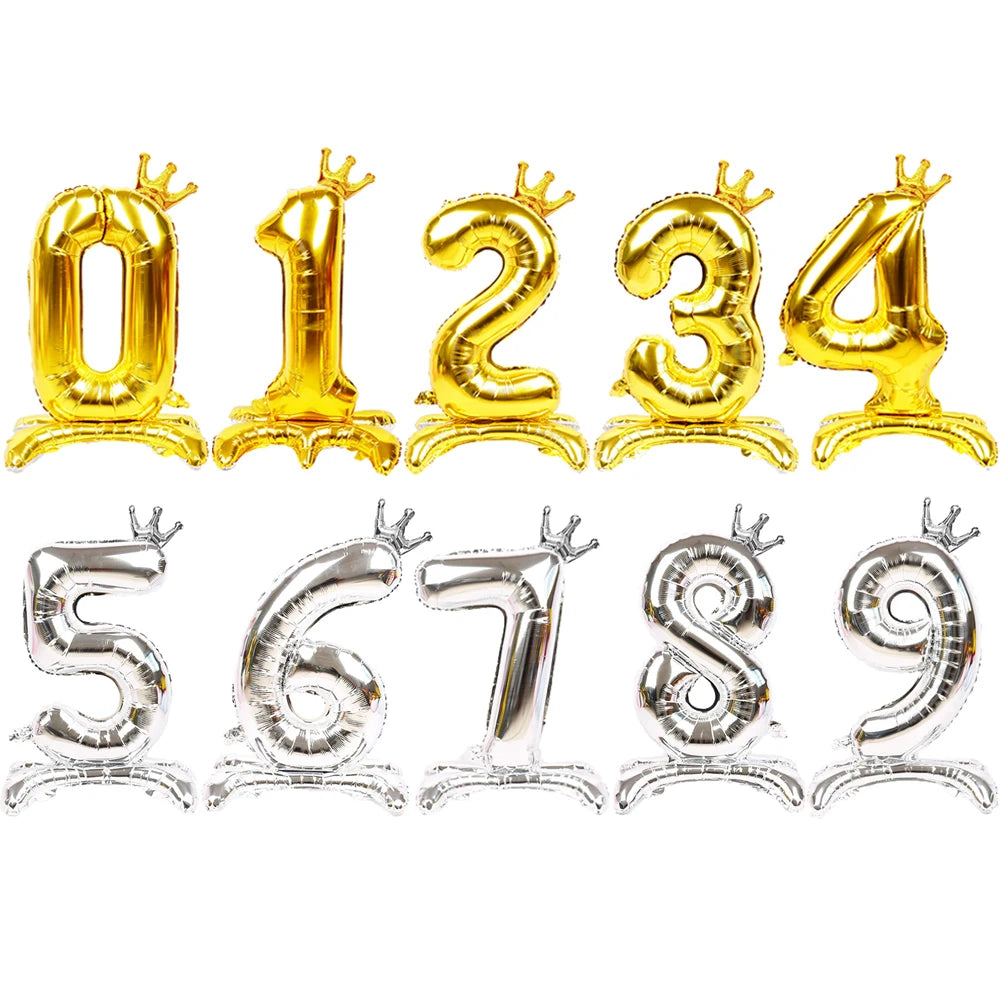32 Inch Gold Number Stand Foil Balloons with Crown Digital Figures Globos 0-9 Birthday Party Wedding Decoration Kids Baby Shower