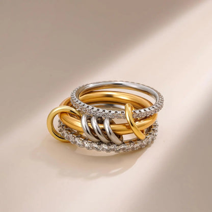 New Stainless Steel Cubic Zirconia Stackable Rings for Women 18k GoldPlating Multi-Link Connected Statement Ring Stack Jewelry