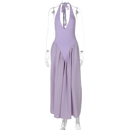Talenza Backless Deep V Spliced Long Dress Summer Women's Sexy Party Dress Halter New Fashion Slim White Sleeveless Long Dress