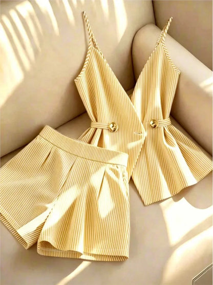 Women Striped 2 Piece Set V-neck Top Lace Up High Waist Pleated Wide Leg Shorts Summer Fashion Office Ladies Commuting Outfit