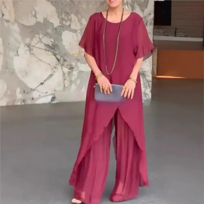 Women Summer Chiffon Pant Sets Short Sleeve Solid Irregular Splicing Long Blouse Wide-leg Pants Casual Loose Trousers Suits Robe