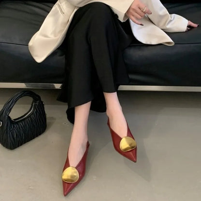 2025All-match Gold Pointed-toe Metal Buckle Single Shoes Women Wear Light-heeled Small Leather Shoes Twice in Summer