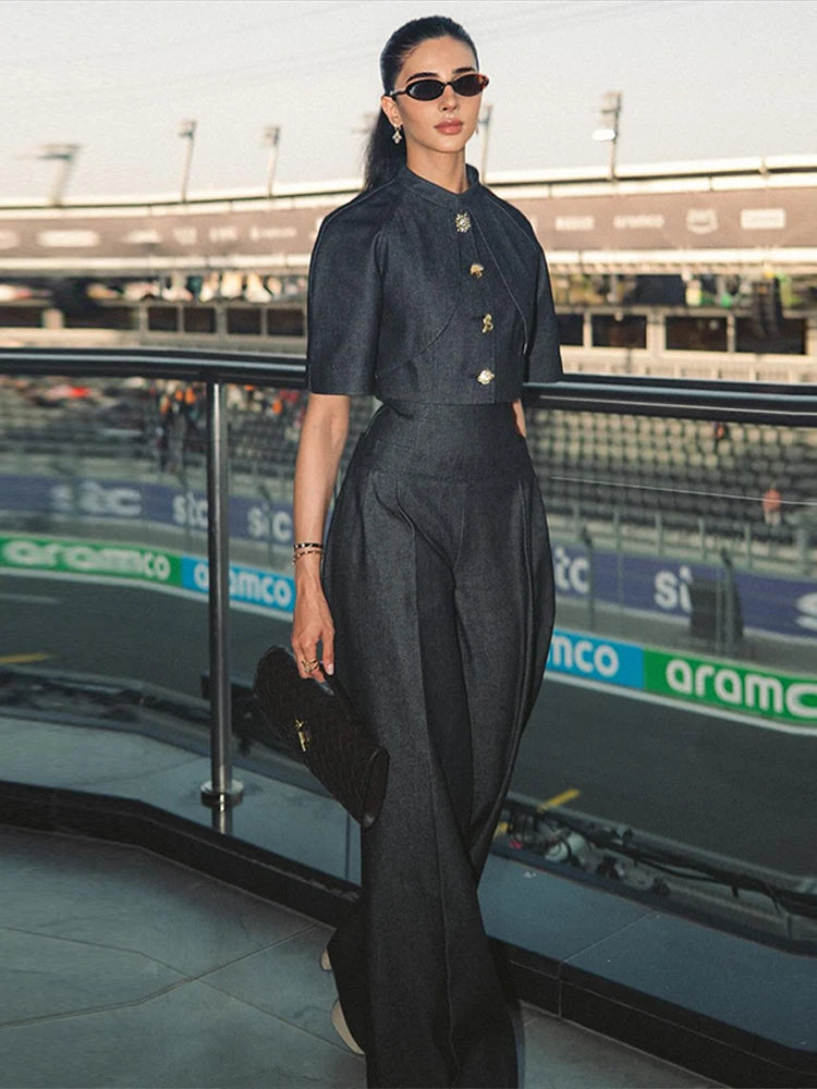 Fashion Women Pant Set Fashion Stand Collar Single Breasted Short Sleeve Cropped Coat And Lace Up Wide Leg Pant Casual Outwear