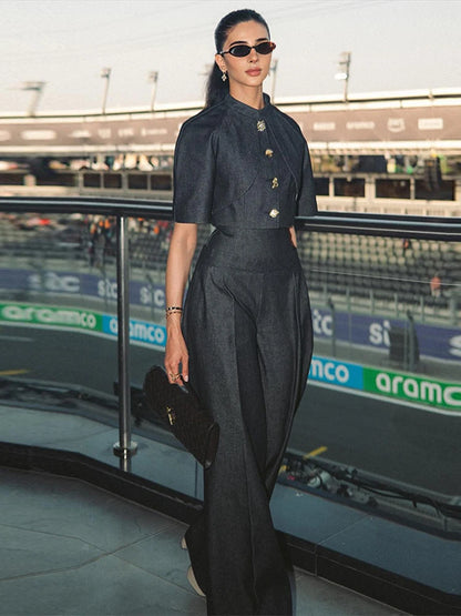 Fashion Women Pant Set Fashion Stand Collar Single Breasted Short Sleeve Cropped Coat And Lace Up Wide Leg Pant Casual Outwear