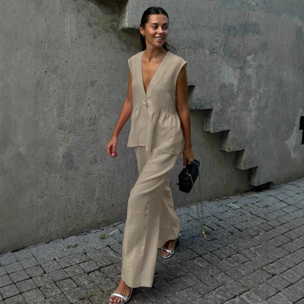 2026 V-neck sleeveless top, vest and long pants suit, solid-color two-piece set