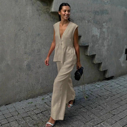 2026 V-neck sleeveless top, vest and long pants suit, solid-color two-piece set