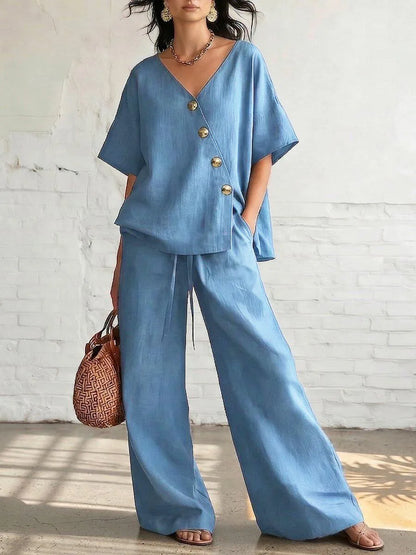Casual Loose Pants Sets Women Summer 2026 Fashion Short Sleeve V-neck Tops And Wide Leg Pant 2 Piece Set Woman Outfits