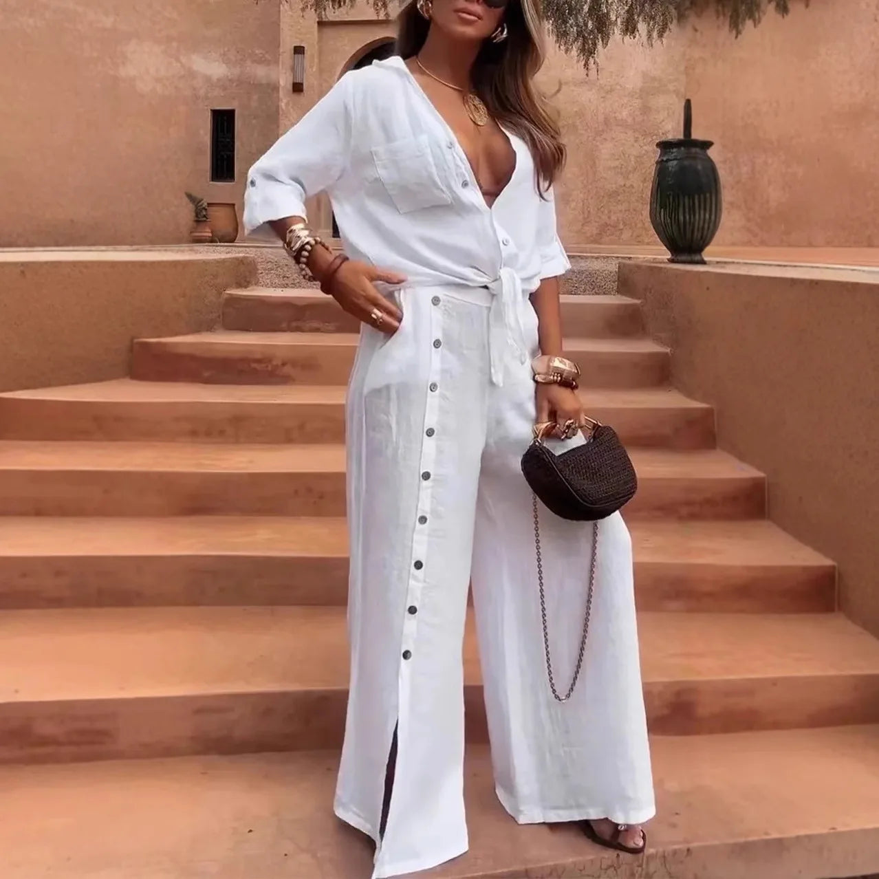 2026 New Fashion Casual Irregular Two-piece Sets Loose Short-sleeved Mid-sleeve Shirt Blouse Button-down Wide-leg Pants Suits