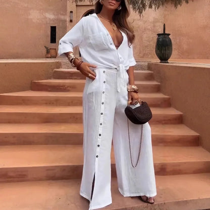 2026 New Fashion Casual Irregular Two-piece Sets Loose Short-sleeved Mid-sleeve Shirt Blouse Button-down Wide-leg Pants Suits
