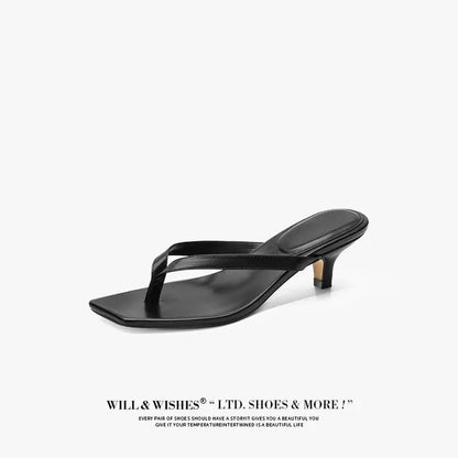 Square toe clip sandals for women 2023 summer new high heel flip-flops large size slim heel women's outdoor leather slippers