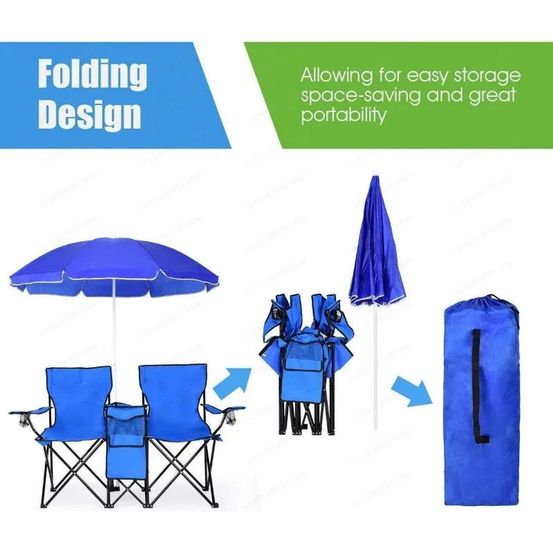 Portable Double Folding Outdoor Chair with Removable Umbrella & Mini Table, Oxford Fabric for Garden Camping