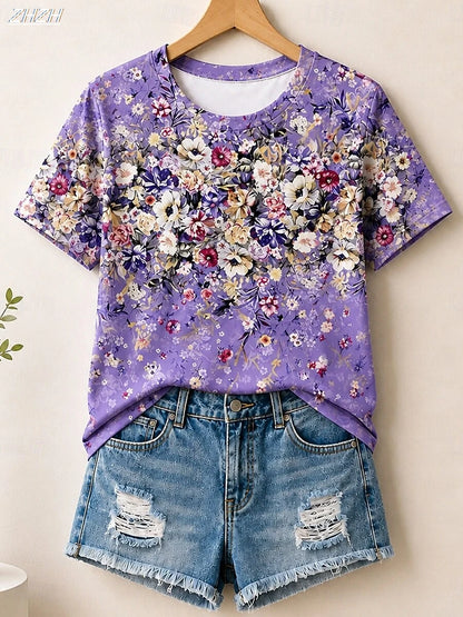 New Year Women's Summer Tops Floral Graphic Plants Elegant Vintage Stylish Short Sleeve Crew Neck Round Neck Long Tops Casual