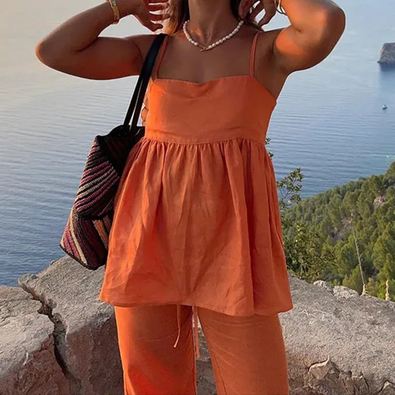 Women's Fashion Orange Linen Cotton Two Piece Sets Summer Sleeveless Sling Top & Straight Pant Casual Beach Holiday Outfits
