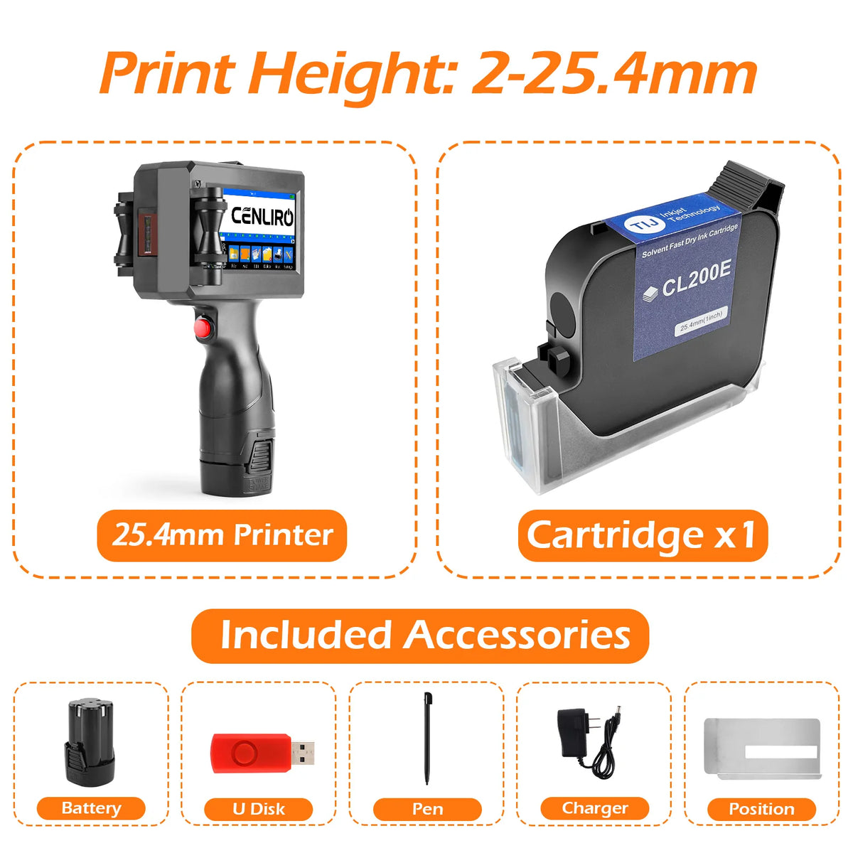 CENLIRO 12.7/25.4mm Handheld Inkjet Printer Portable Coding Machine for Expiry Date Batch QR Bar Code Logo Quick Dry Ink
