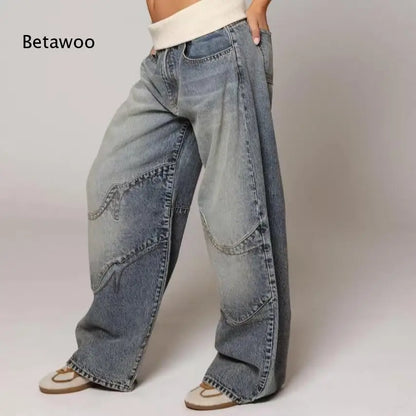 Women Vintage Two-Tone Patchwork Baggy Wide Leg Jeans Curved Contrast Stitch Loose Full Length Streetwear Denim Pants