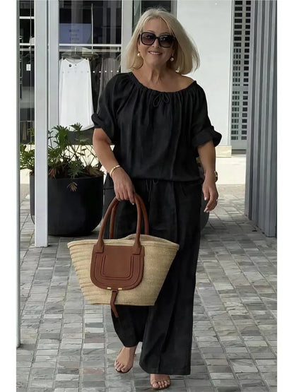 Fashion Casual Woman 2 Piece Set Outfit New Spring And Summer Women's Loose Drawstring Round Neck Top And Pants Two-piece Set