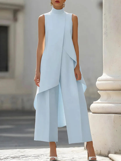 Women High Neck Sleeveless Asymmetric Tunic Wide Leg Pants Set Elegant Formal Business Office Two Piece Outfit