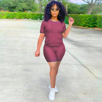 2024 New Summer Round-neck Solid Color Short-sleeved Two-piece Yoga Shorts Women's Sports Suit