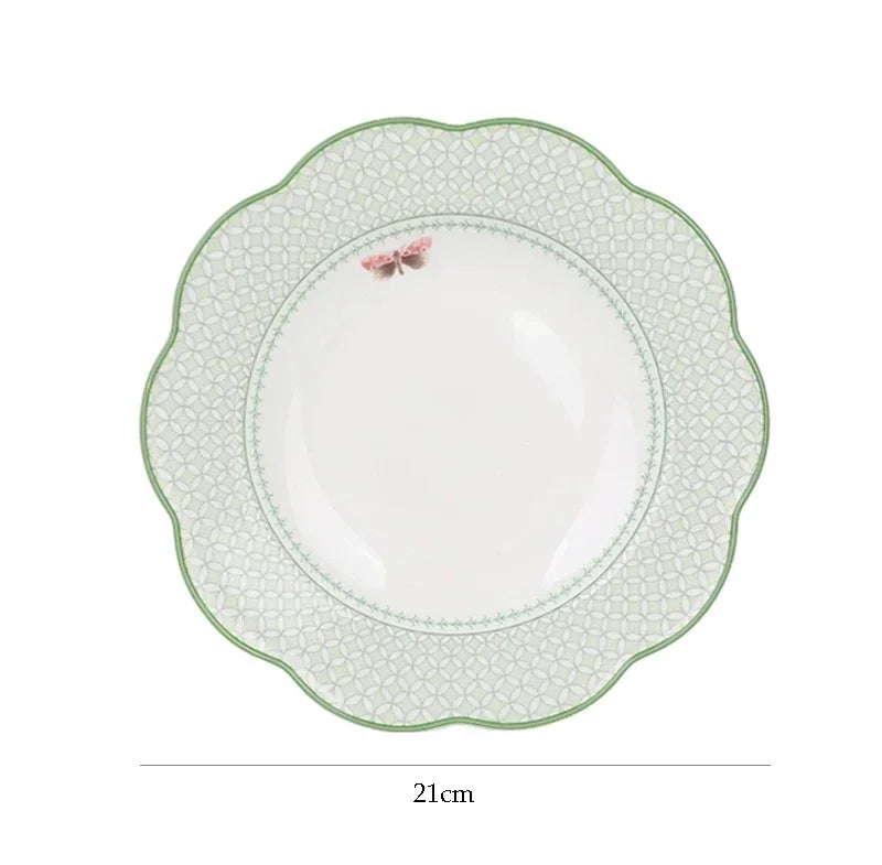 Ceramic Plate Household Bone China Dinner Plate Set Vintage Green Flower Dishes Tableware Oval Large Tray Dinnerware Sets