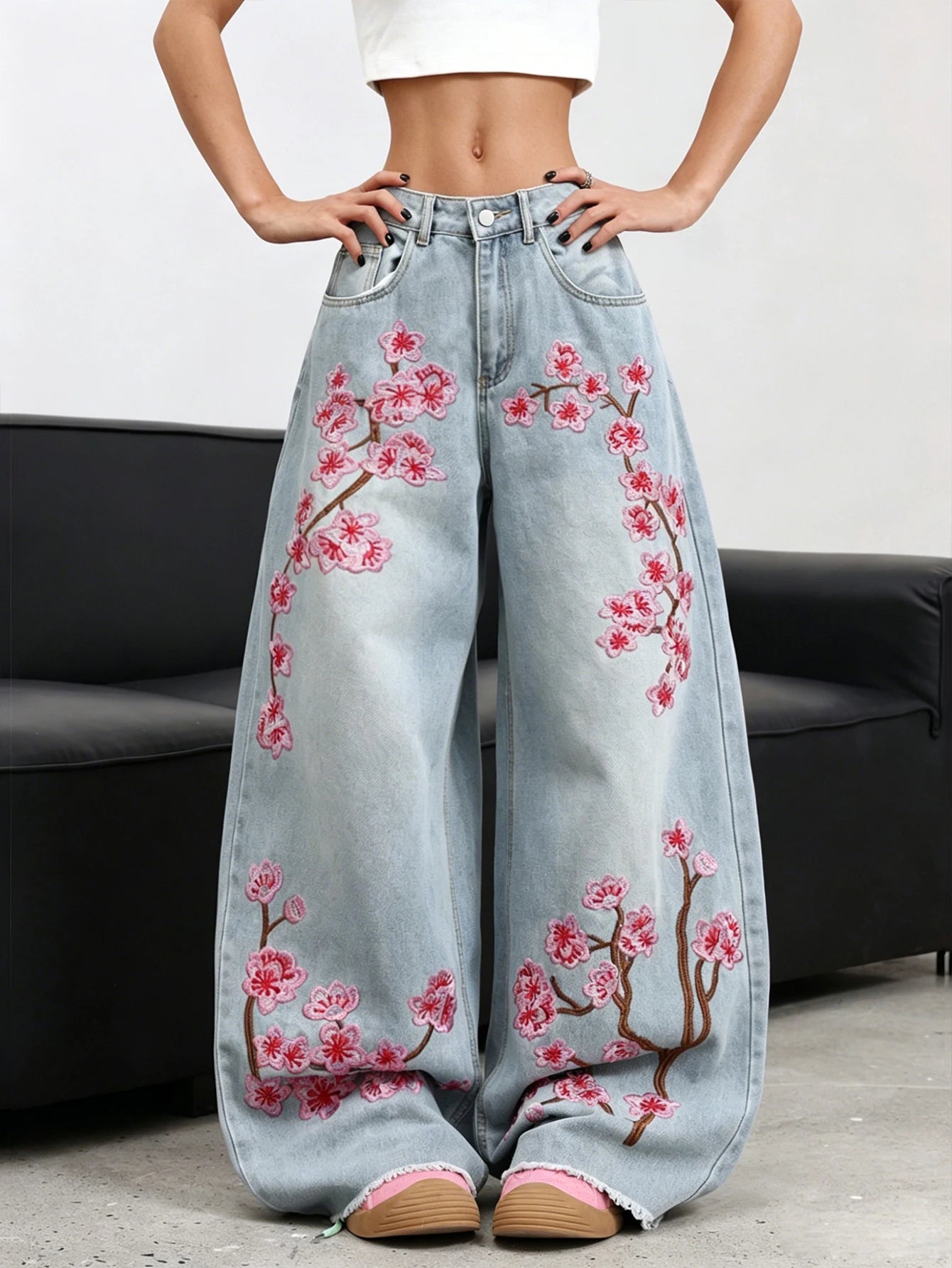 American Retro Plum Blossom Embroidery Design Blue Women's Loose Wide-Leg Jeans Y2K Street Fashion Versatile Straight Trousers