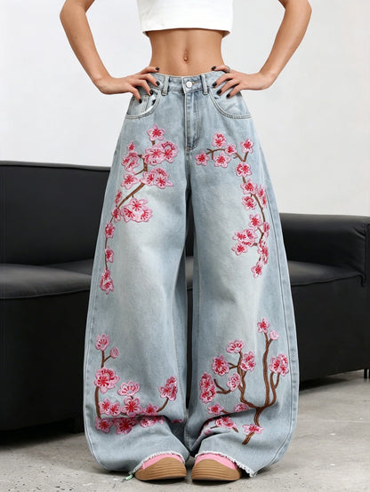 American Retro Plum Blossom Embroidery Design Blue Women's Loose Wide-Leg Jeans Y2K Street Fashion Versatile Straight Trousers