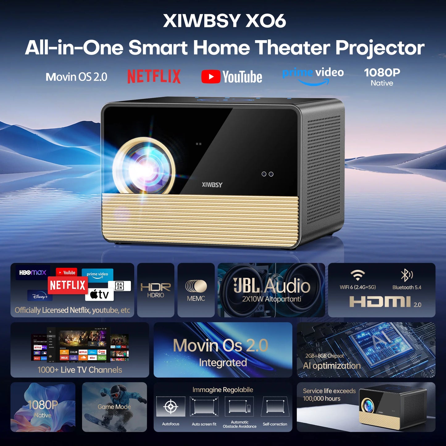 XIWBSY X06 Google TV Projector with TV Stick 3600 ANSI Native 1080P 4K Supported TOF Auto Focus WiFi6 BT5.4 Home Theater