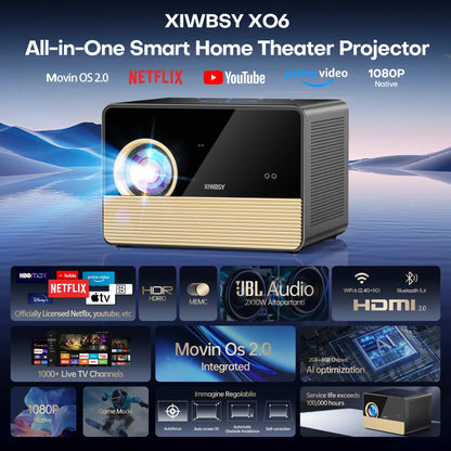 XIWBSY X06 Google TV Projector with TV Stick 3600 ANSI Native 1080P 4K Supported TOF Auto Focus WiFi6 BT5.4 Home Theater