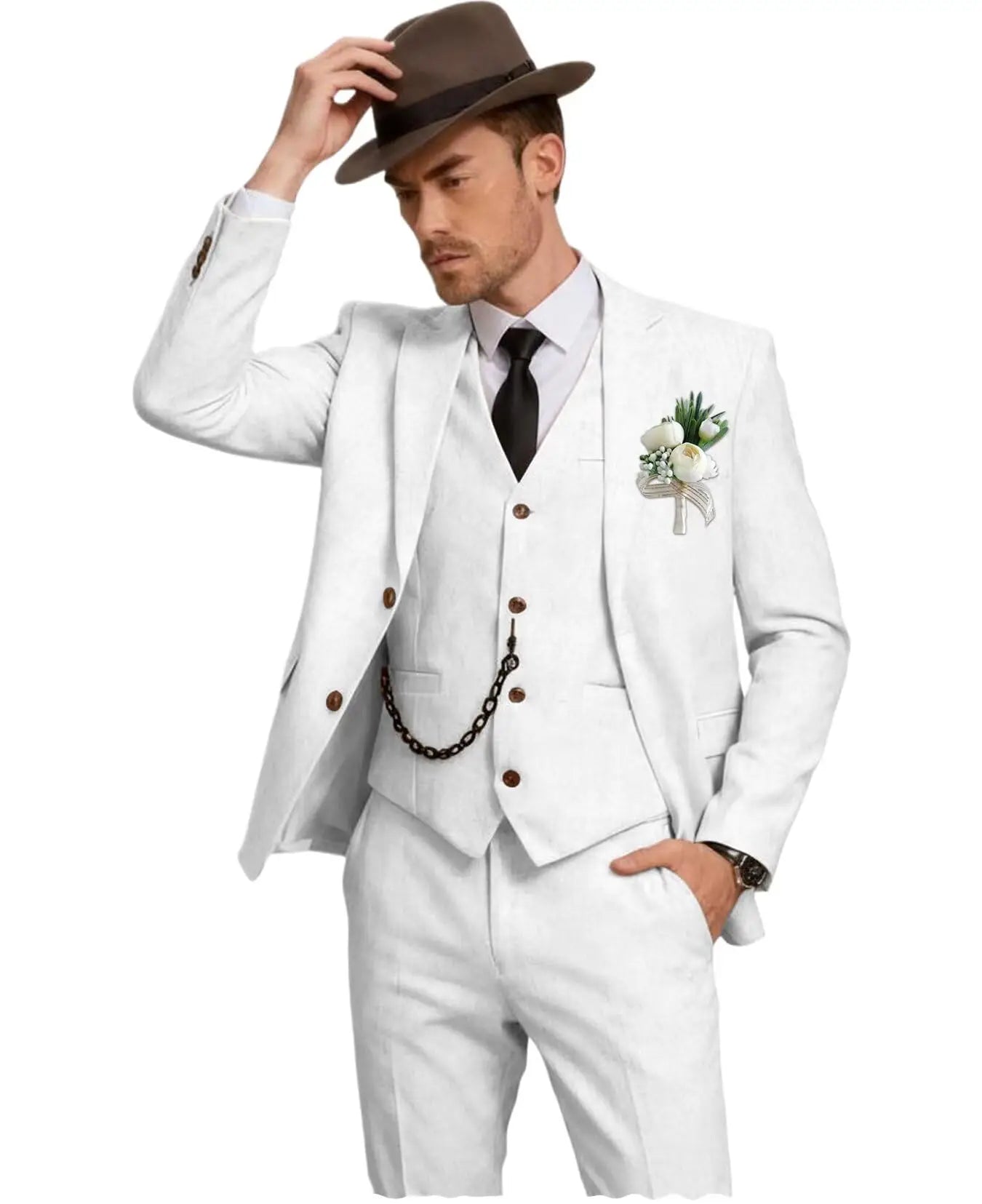 Men's 3 Piece Linen Suit, Slim Fit Notch Lapel Single Breasted Blazer Vest Pants Set Breathable Casual Business Wedding Suit
