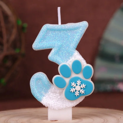 Cat Paw Theme 0‑9 Number Birthday Candle Blue White Glitter Cake Topper With Snowflake Cat Paw Ornament Cake Decoration Supplies