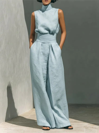 casual Solid Cotton Linen two-piece set for Women Sleeveless Turtleneck Top +High Waist Pants Set New Summer Button Loose Outfit