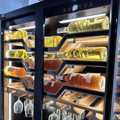 Two Tempered Glass Doors Battery-Powered Heating Function Electric Wine Cooler Cellar Fridge Luxury Beer Red Wine Hotel