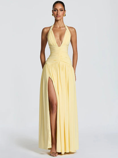 Mozision Halter Deep V Neck Sexy Maxi Dress Women Elegant Off-shoulder Sleeveless High Split Pleated Club Party Long Dress