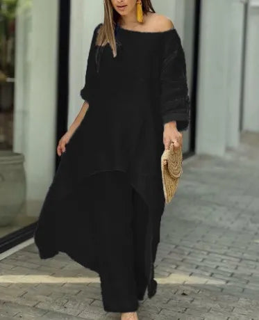 2025 Loose New In Matching Sets Two Piece Outfit 2 Pieces Set For Woman Solid Color Irregular Hem Long Sleeves Wide Legs Trouser