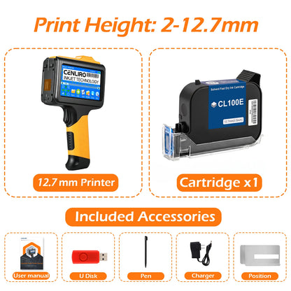 Cenliro Upgrated Handheld Inkjet Printer CL12B with Black Fast-drying Ink Cartridge for Date Batch Number Logo QR Code 600DPI