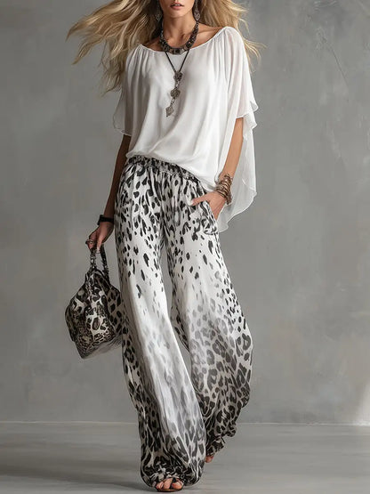 Chiffon Women Summer 2PCS Matching Set O-Neck White T-shirt And Leopard Print Wide Leg Pant Pocket Ladies Outfit Streetwear
