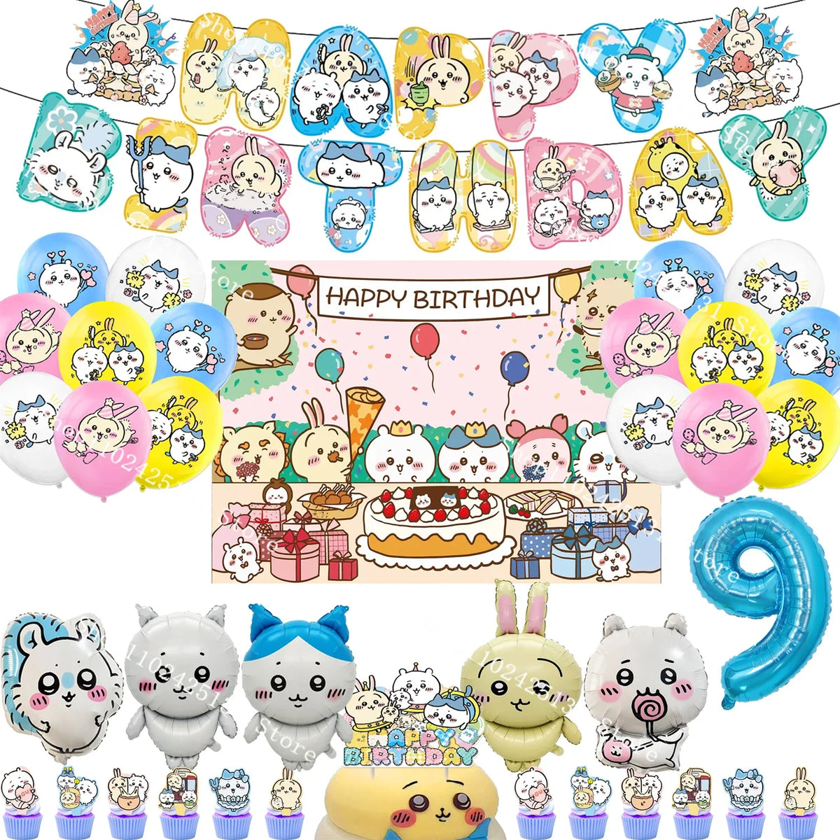 Chiikawa kawaii Happy Birthday Party Decorations Cute plate Banner Cake Topper Flag Balloons Disposable tableware Decorations