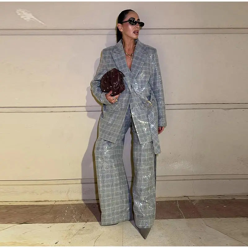 Elegant Sequin Stripe Lapel Neck Top Pant Sets Women Fashion Single Breasted Shine Ribbon Coat Leg Loose Pants Set Female Sets