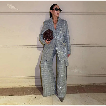 Elegant Sequin Stripe Lapel Neck Top Pant Sets Women Fashion Single Breasted Shine Ribbon Coat Leg Loose Pants Set Female Sets