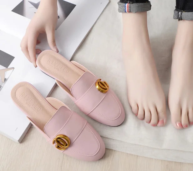 Lady Gold Metal Slides Round Toe Microfiber Soft Bottom For Tender Feet Wide Fits Beige Pink Fashionable Shoes For Summer 44-33