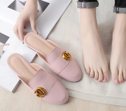 Lady Gold Metal Slides Round Toe Microfiber Soft Bottom For Tender Feet Wide Fits Beige Pink Fashionable Shoes For Summer 44-33