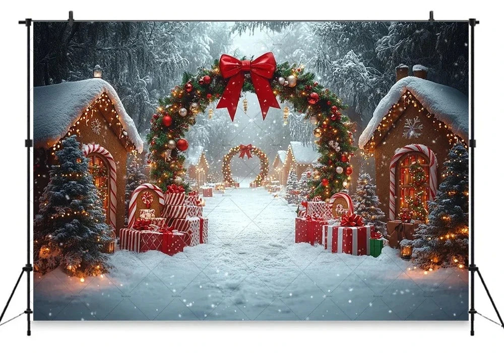 Christmas Gingerbread House Candy Vine Arch Theme Banner Background, Birthday Party, Home Decoration Photography Backdrop Cloth