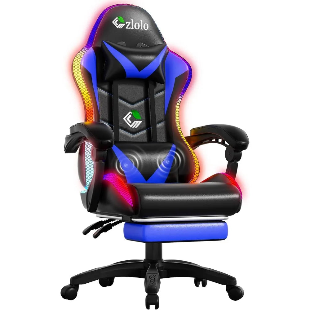 Racing Style RGB LED Gaming Chair with Lumbar Massager and Reclining Features