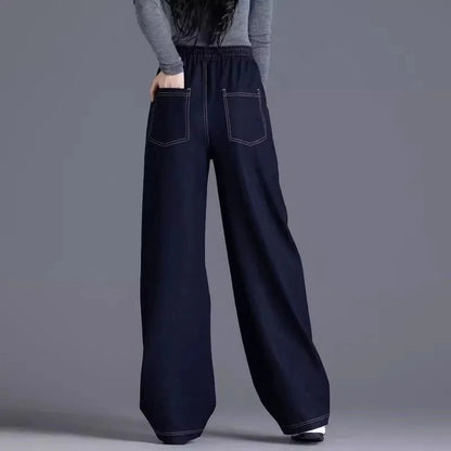 Elastic waist Wide leg Jeans Women's 2026 New Spring Autumn Loose High waist Sickle Shaped Knife Pants Female Casual Denim Pants