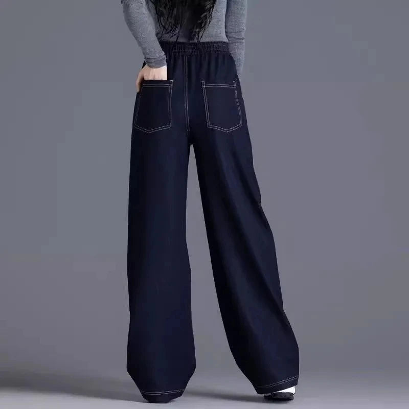 Elastic waist Wide leg Jeans Women's 2026 New Spring Autumn Loose High waist Sickle Shaped Knife Pants Female Casual Denim Pants