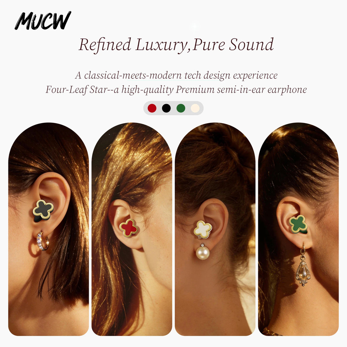 Luxury Four‑Leaf Clover TWS Earbuds MUCW CO06 Bluetooth 6.0 ENC Noise Cancelling Headset Light Weight Fashion Jewelry Earphone Gift for Ladies Daily Wear