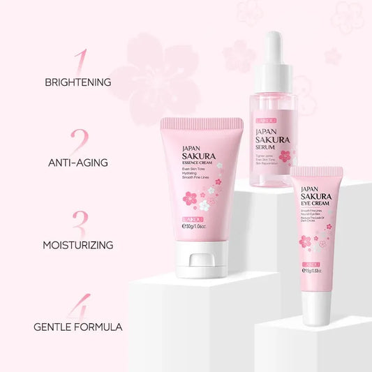 Sakura Skin Care Sets Face Cream Serum Toner Facial Cleanser Sunscreen Eye Cream Gift Box Face Skin Care Set Product 3pcs/Set