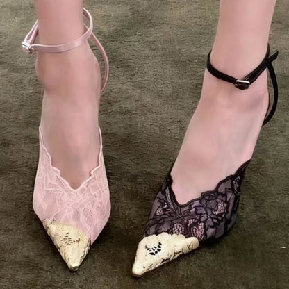 2026 Summer Fashion Lace Sequin Hollow Out Mesh Women Pumps Sexy Pointed Toe Designer Slingback Sandals Women High Heels 34-41