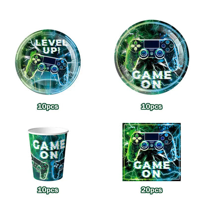 Happy Video Game Themed Birthday Party Decorations Set Tableware Plates Cups Cake Topper Gift Bags Banner Party Supplies Favors